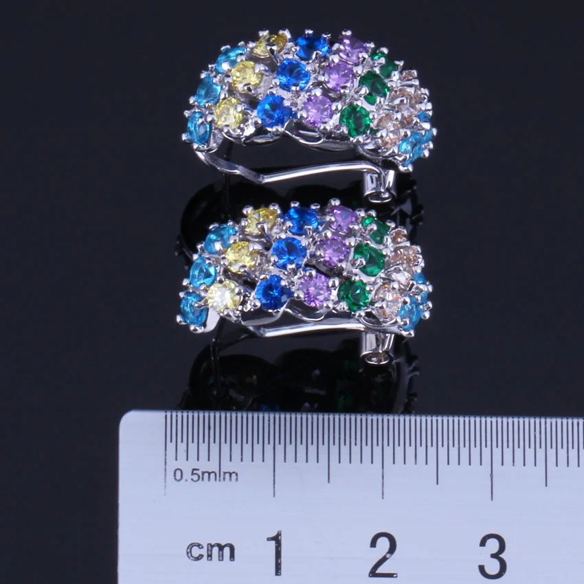 Multigem Multicolor Yellow Cubic Zirconia Silver Plated Jewelry Sets Earrings Pendant Chain Ring V0307