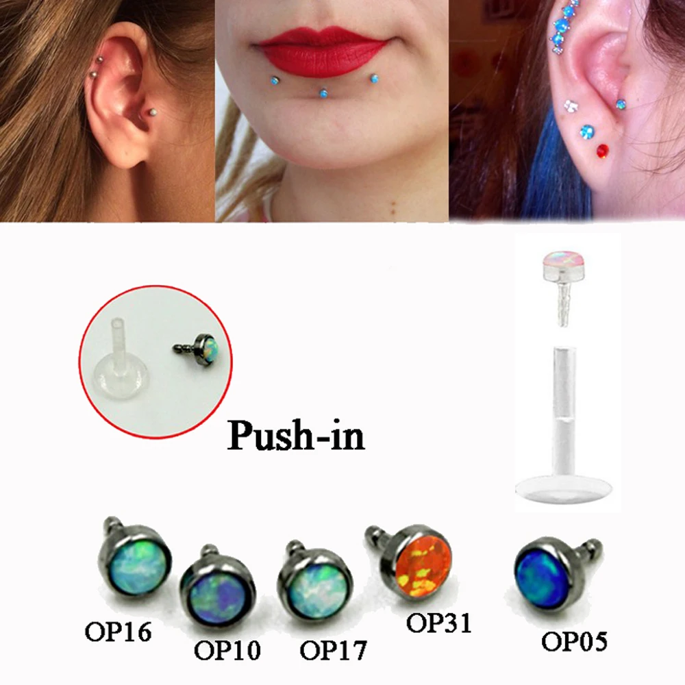 1pcs PCS  3mm Opal Bio Flex Push In Flexible Labret & Monroe Lip Tragus Cartilage Piercing Ring Stud  Stone Nose Stud