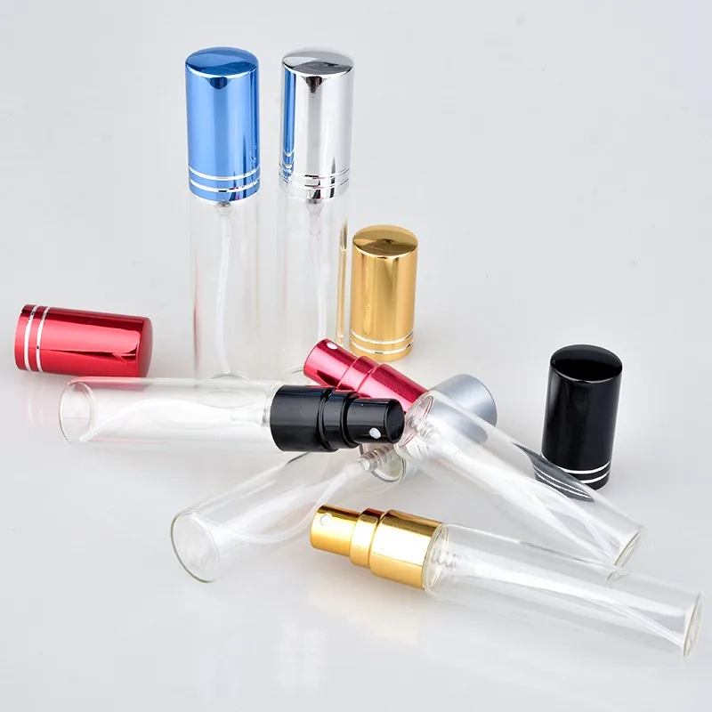 20pcs/lot 5ML 10ML 15ML Transparent Thin Glass Spray Bottle Sample Glass Vials Portable Mini Perfume Atomizer Gold Sil