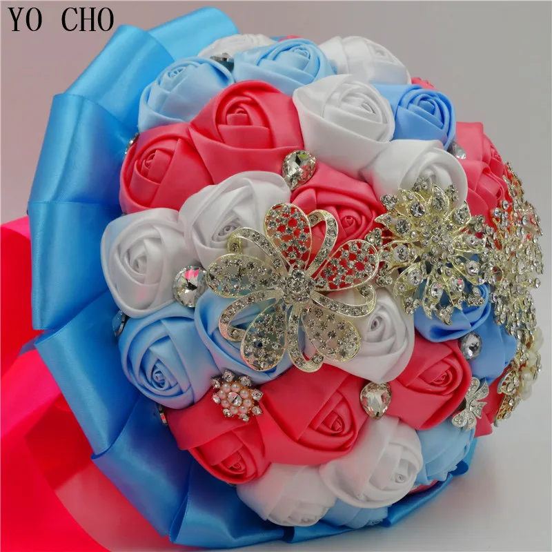 Blue Crystal Rhinestone Bridal Bouquets  Artificial Rose Flower  Wedding Bouquets  Jewelry Wedding Bouquets