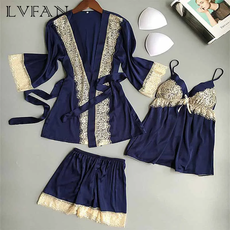 Three Piece Female Breathable Sleepwear Fitting Sexy Lace Polyester Silk Chest Pad Comfortable Pajamas Leisure Z009