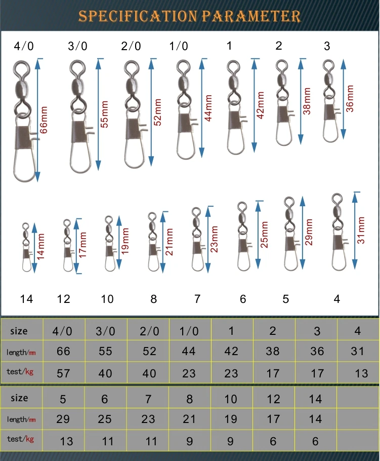 HXY PCS(100 50 20) SIZE(10# - 4/0#) Fishing tackle Stainless steel Crane swivel with interlock snap fishing lure accessories