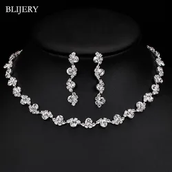 BLIJERY Silver Color Rhinestone Crystal Choker Necklace Earrings Set for Women Floral Bridesmaid Bridal Wedding Jewelry Sets