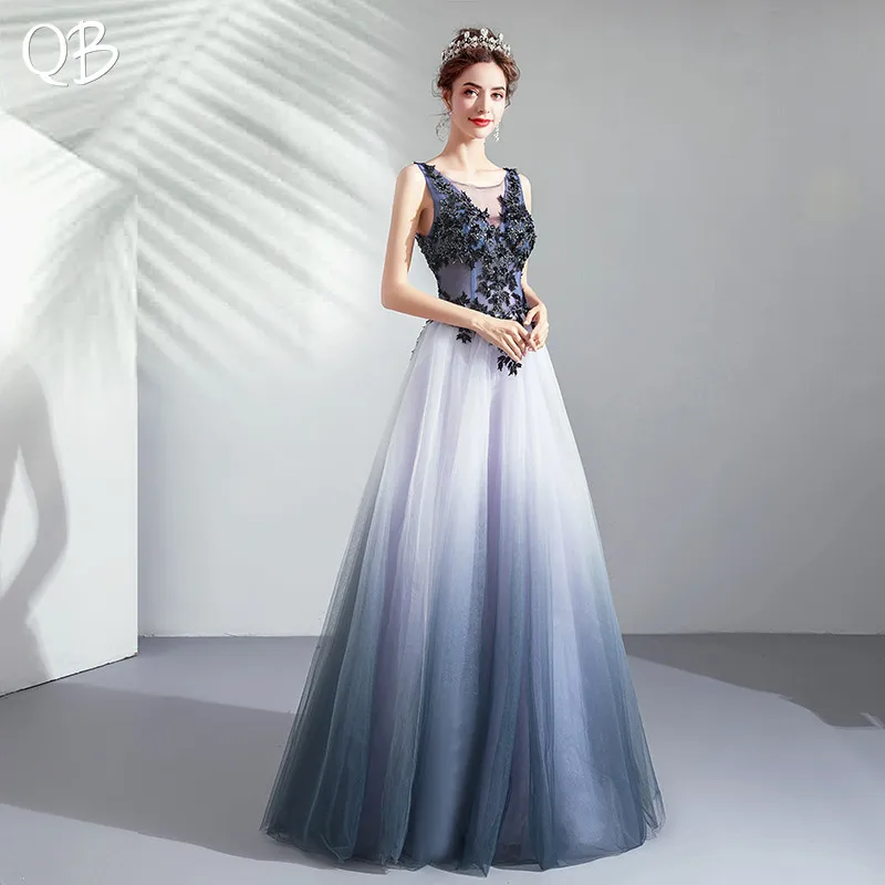 Robe de soirée en Tulle bleu, ligne a, longueur au sol, fleurs, dentelle, perles, luxe, robes de bal, nouvelle mode, XH400, 2020