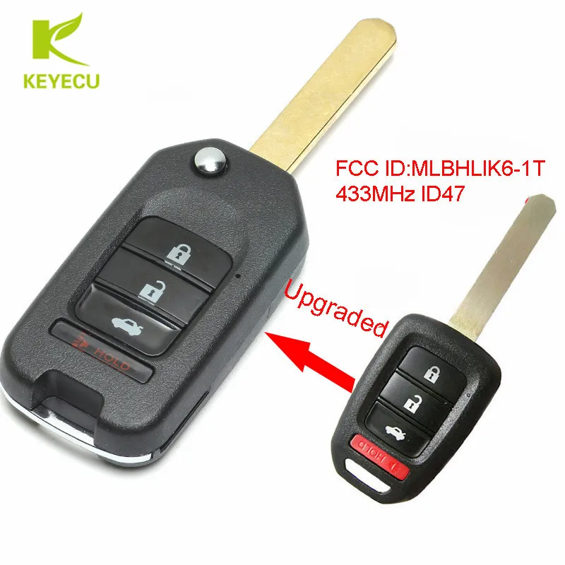 

KEYECU Upgraded Flip Remote Car Key Fob 3+1 Button 433MHz ID47 for Honda Fit Civic XRV 2015 FCC ID: MLBHLIK6-1T