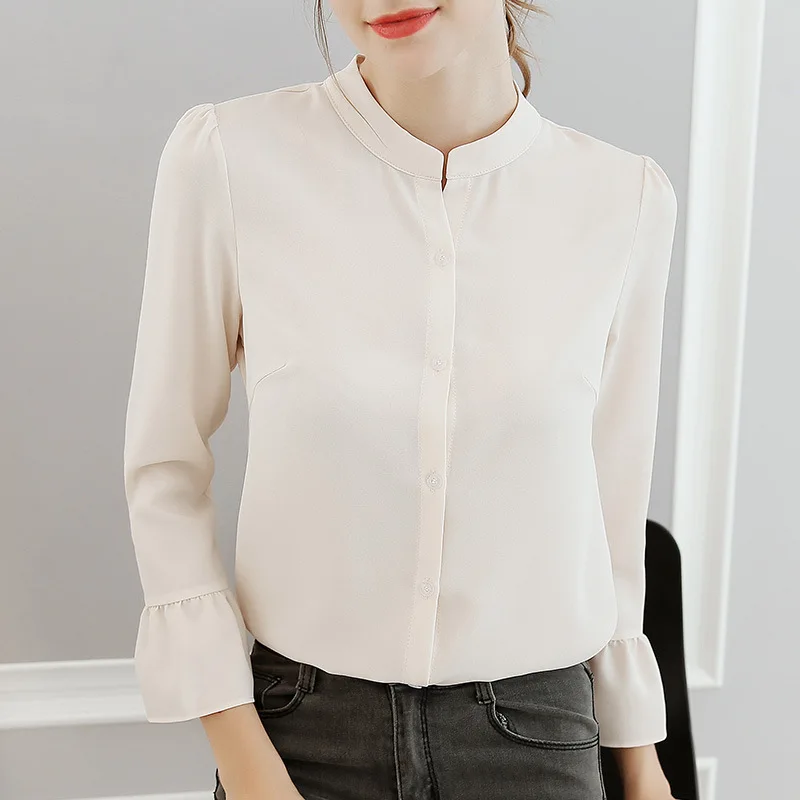 New Spring Summer Women Chiffon Shirt Fashion Long Sleeve Pure Color Office Ladies Blouses Slim Leisure Female Top Shirts H9115