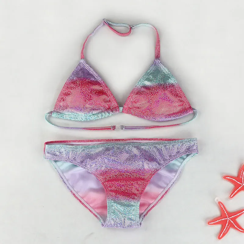 New Girl Silver Pressed Bikini Children Swimsuit Teenage Girl Two Pieces Swimwear Bling Bling Patchwork Bathing Suit Kids Bikini