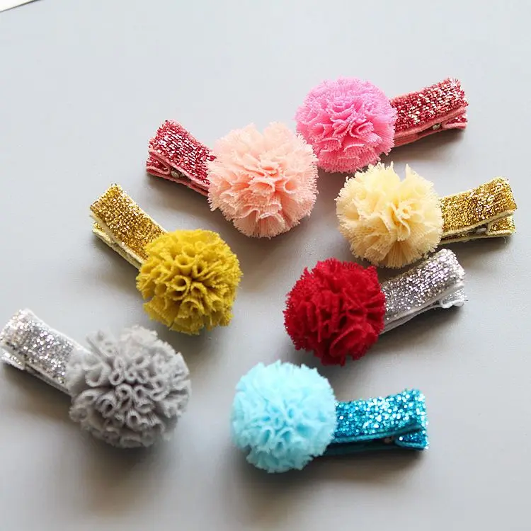 

Boutique 40pcs Fashion Cute Tulle Pom Pom Hairpins Solid Kawaii Mini Floral Glitter Hair Clips Princess Headwear Accessories