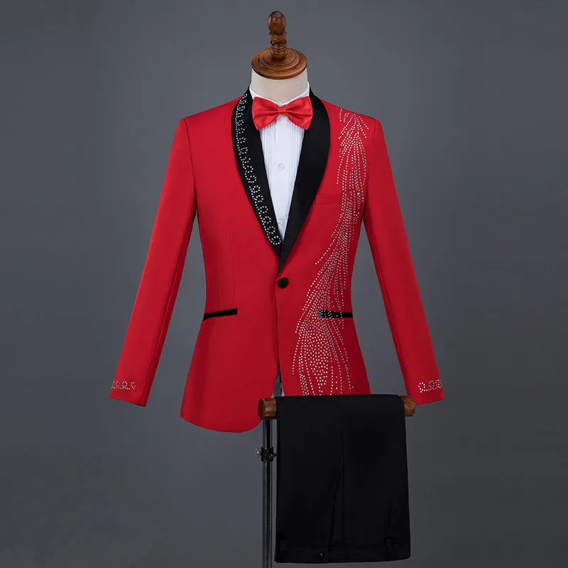 Male Crystals Slim Suits sets Flashing Diamond Blazers Singer Chorus Stage Outfit Prom Compere Master Performance Costumes