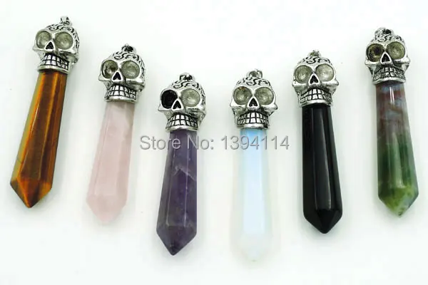 

Mixed Stones Hexagon Pillar Point Pendant Of Gluing Brass Skull Cap Black Gun Plated 60*12mm