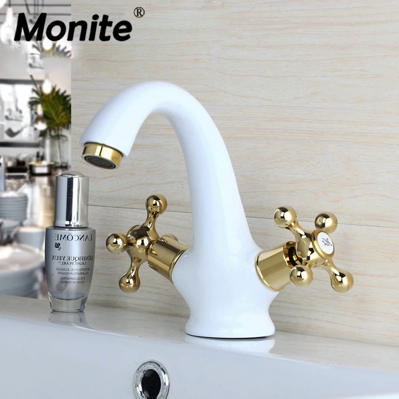 

White Painting Bathroom Taps Golden Plated Handle Deck Mounted Bathroom Sink Vanitity Basin Faucet torneira Mixer Taps