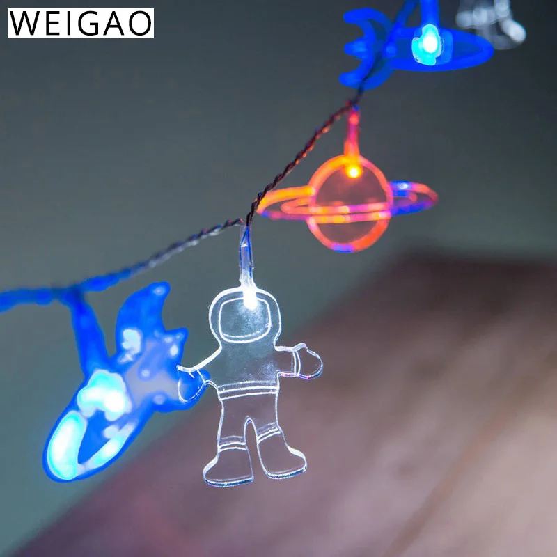 WEIGAO 2m 10 LED Lights Astronaut Rocket Ship Outer Space Party String Lights Galaxy Solar System Party Boy Birthday Supplies