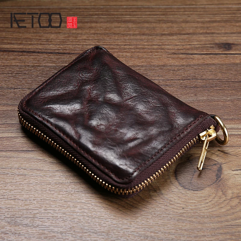 

AETOO Retro men's wallet head layer cowhide Fold personality Youth soft leather short wallet leather zipper money Clip