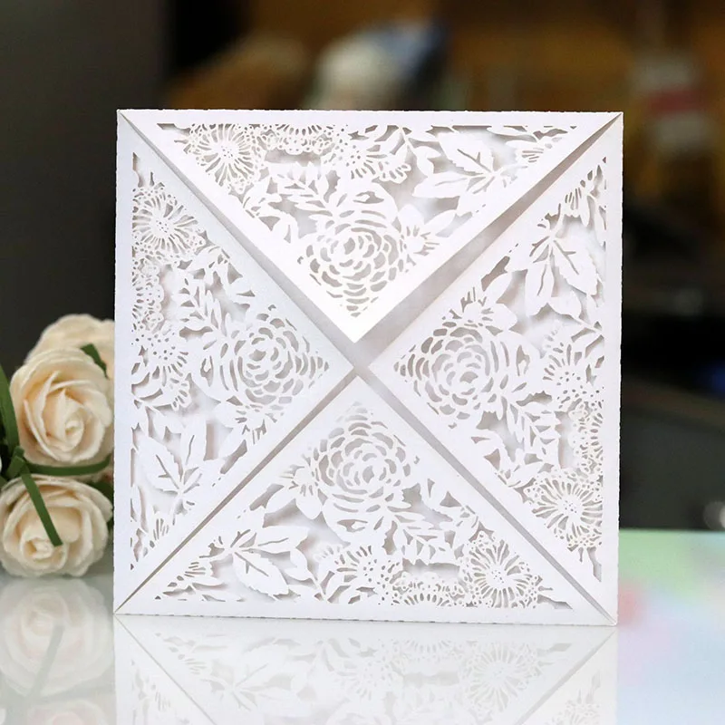 50pcs White Elegant Square Hollow Laser Cut Wedding Invitation Card Custom Printing Wedding Decoration Event Party Supplies