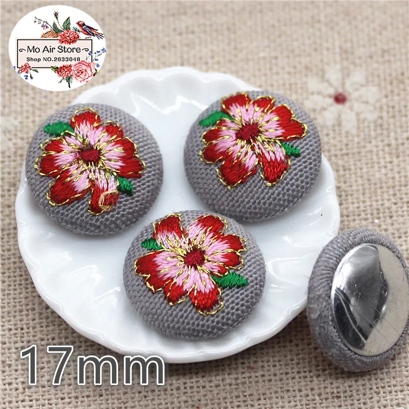 10 pz ricamo fiore di camelia Flatback tessuto coperto bottoni rotondi giardino di casa artigianato Cabochon Scrapbooking artigianato fai da te 17mm