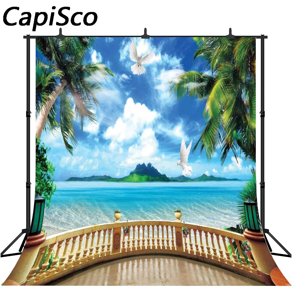 

Capisco Island photographic background Sea fence dove palm trees romantic wedding vinyl backdrops for photography