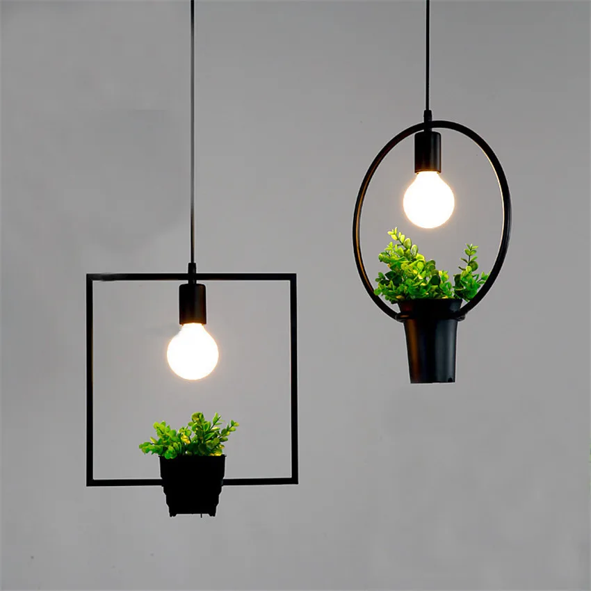 Modern Plant Pot Led Pendant Light Square Round Shape Wrought Iron Pendant Lamp Restaurant Cafe Bar Deco Hanging Lamp