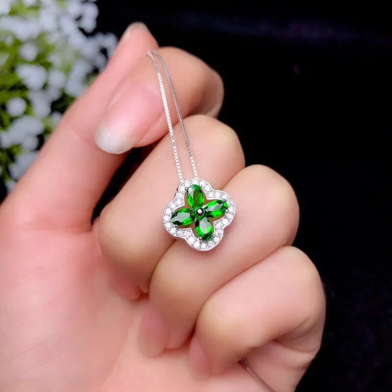 Natural diopside necklace, classic clover style, 925 Sterling silver, simple and beautiful