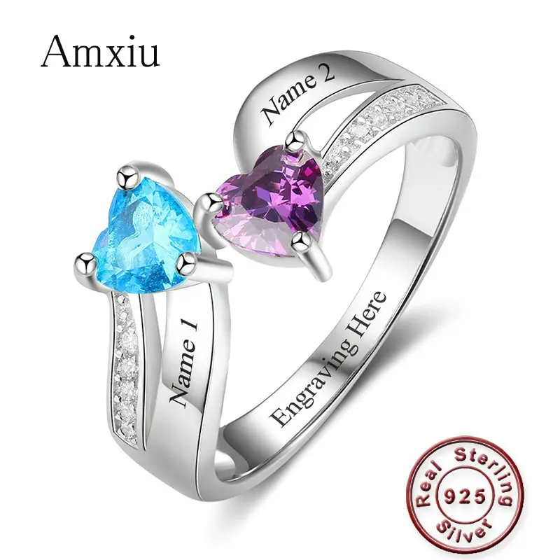 Amxiu Custom 925 Silver Wedding Rings Engrave Two Names with Heart Birthstones Rings For Women Lovers Party Gift Zircon Jewelry