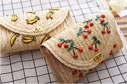 Fruit Cherry Banana Straw Beach Bag for Women Messenger Bags Embroidery Design Summer Cute Flap Chain Shoulder Bag