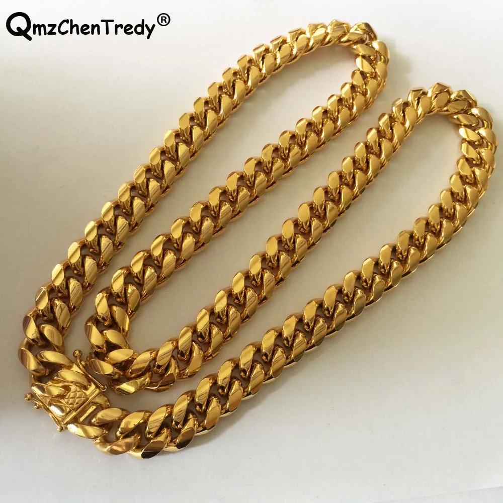 Hip Hop Stainless Steel Cuban Link Chain Men Necklace Golden Luxury Heavy Lock Jewelry 14mm 20/22/24/30/34/36inch Drop shopping