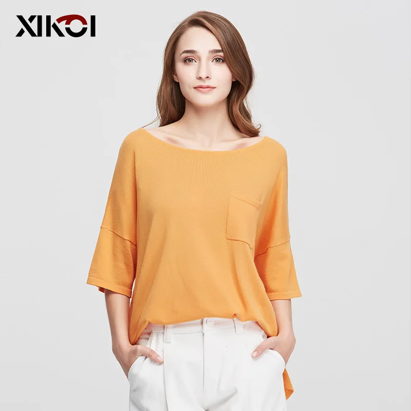 XIKOI-suéter básico de tres cuartos para mujer, Jersey de punto sólido de gran tamaño, Sexy, con cuello redondo, Tops