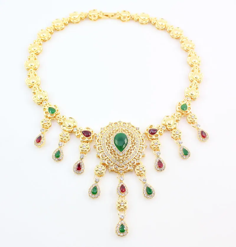 Fashion African Beads Red/Green Gem Stone Rhinestone Costume Fine Jewelry Sets  Gold color Crystal Women Wedding Party Set