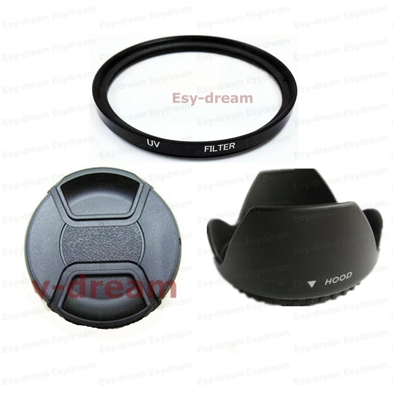 49 52 55 58 62 72 77 82 mm Glass UV Filter + Lens Hood + Lens Cap Kit for Canon Nikon Pentax Olympus Sony Camera Lenses