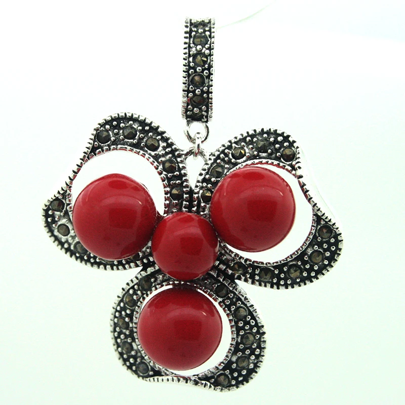 wholesale good vintage S  red coral bead marcasite pendant 47x37MM Genuine Natural stone gems Fortune Fine jewelry