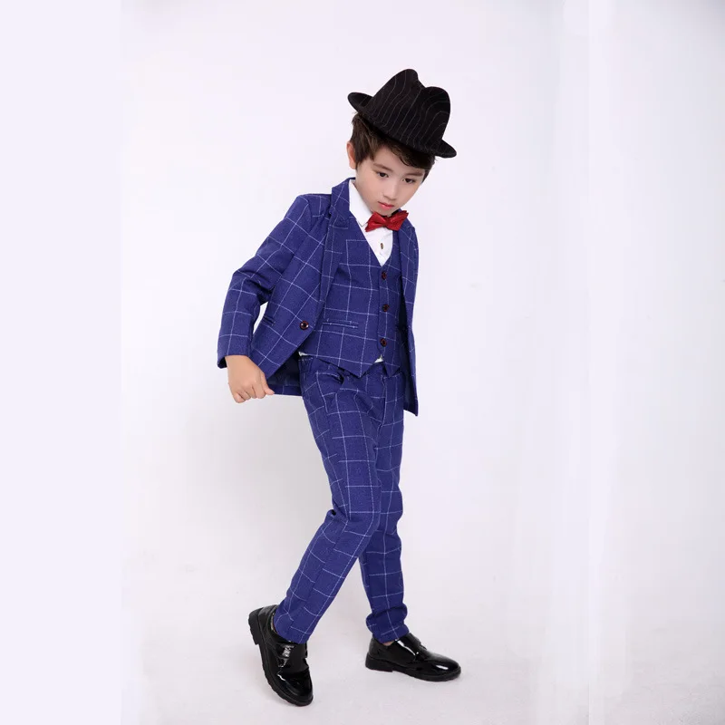 

Flower Boys Formal Dress Suit Sets Children's Plaid Blazer +Vest + Pants 3PCS Clothing Sets Kids Wedding Party Banquet Costume