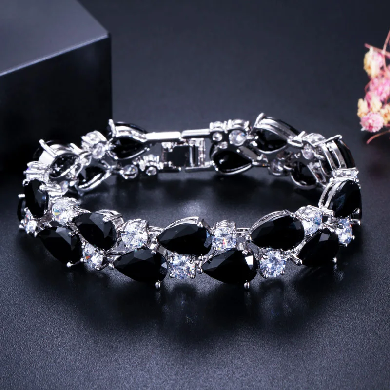 ThreeGraces  Luxury Black Cubic Zirconia Crystal Big Wide Link Chain Wedding Engagement Bracelets for Women Party Jewelry BR011