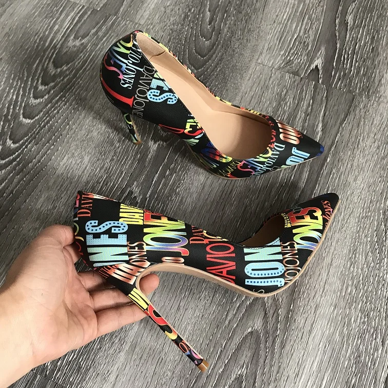 

Colorful high heel shoes Word Print women shoes pumps Party wedding shoes 8CM 10CM 12CM Pumps