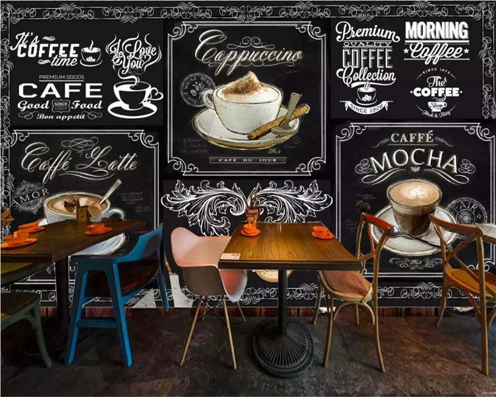 Beibehang Custom wallpaper European and American style retro hand-painted blackboard coffee catering background 3d wallpaper