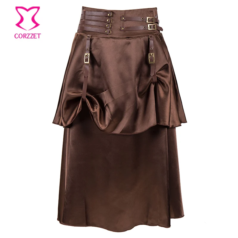 

Vintage Steampunk Skirt Brown Satin With PU Strap Ruffled Up Women Skirts Inelastic Belted Waist Midi Gothic Skirt 2017 Summer