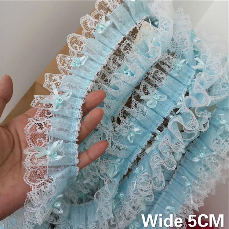 5CM Wide Beautiful Lake Blue Tulle Yarn Lace Collar Appliques Ribbon Embroidery Dress Guipure Sewing Fabric For Wedding 2019