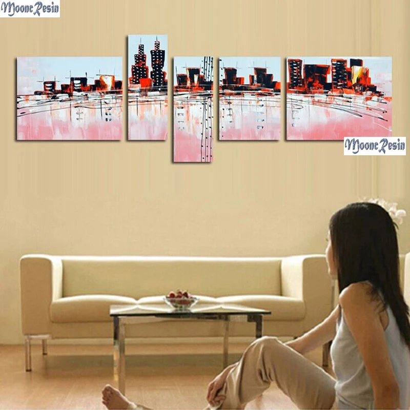 

MOONCRESIN Triptych Diamond Mosaic 5PC Tall Buildings Pattern Sticker Full Square 5D Diamond Embroidery Diy Diamond Decoration