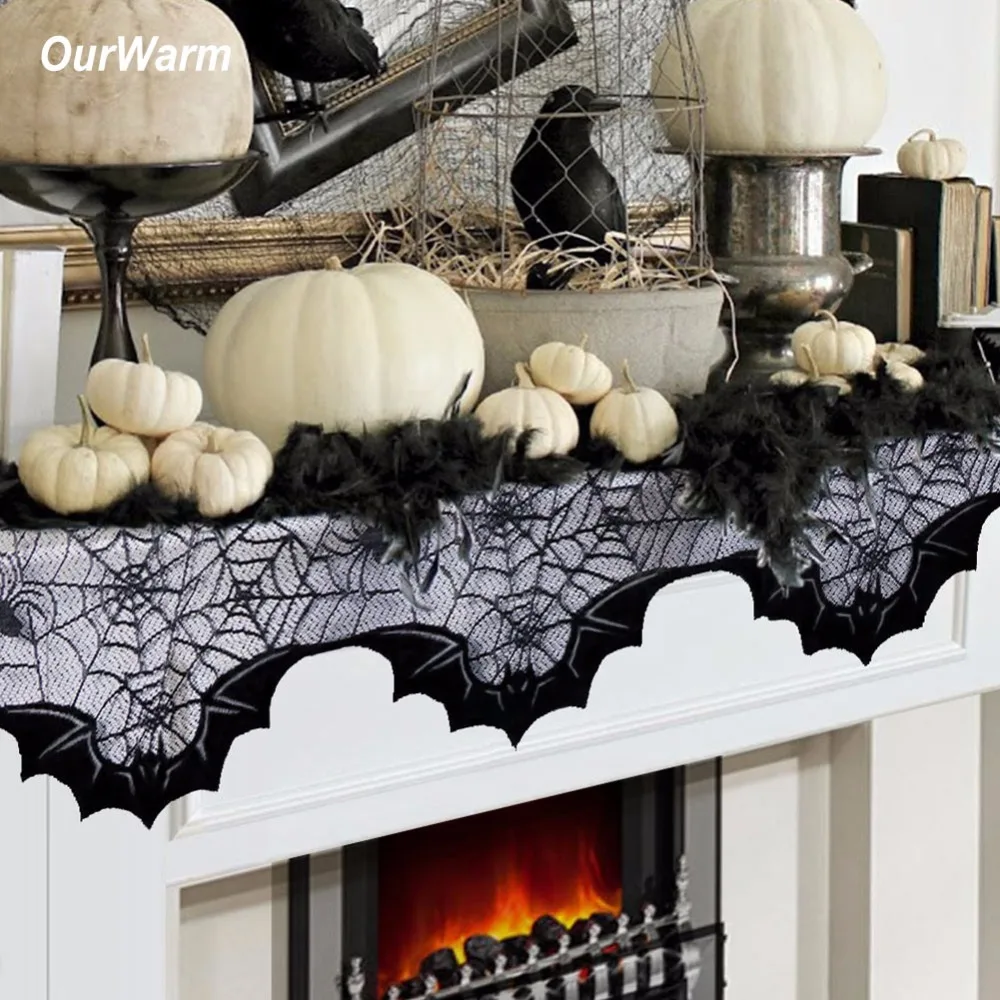 Ourwarm Halloween Spider Web Bats Fireplace Mantel Scarf 50x200cm Halloween Party Decoration Black Lace Polyester Bats Cover