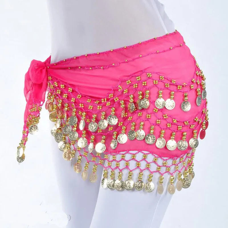 Hot-selling 128 Munten Buikdans Hip Sjaal Sexy Buikdansen riem Taille Ketting chiffon hip Sjaals 13 kleuren met goud munten