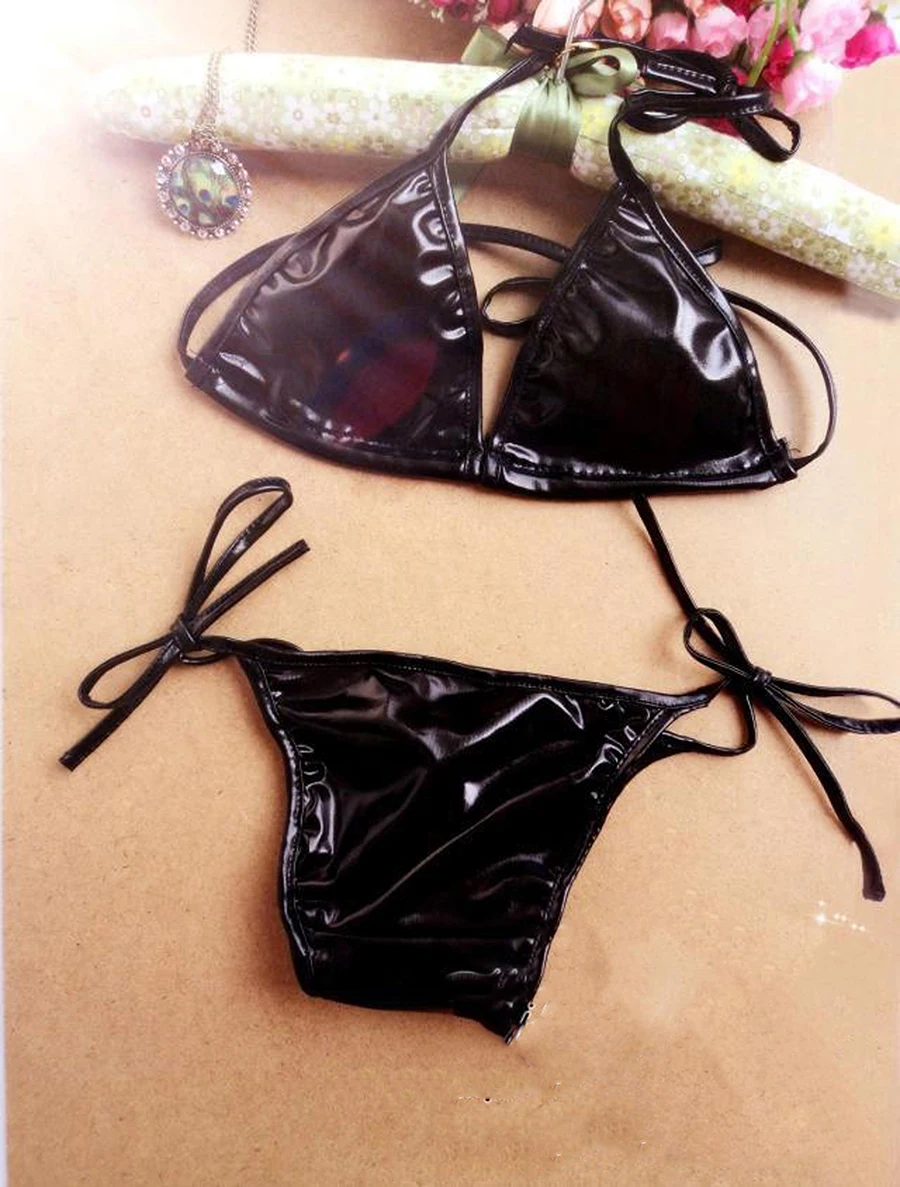 Tưởng tượng sexy Wet Look Tam Giác bộ Áo Ngực đồ lót khiêu dâm có thể điều chỉnh G-String đồ lót co giãn quần áo ngủ cho phụ nữ Mặc Bikini hấp dẫn