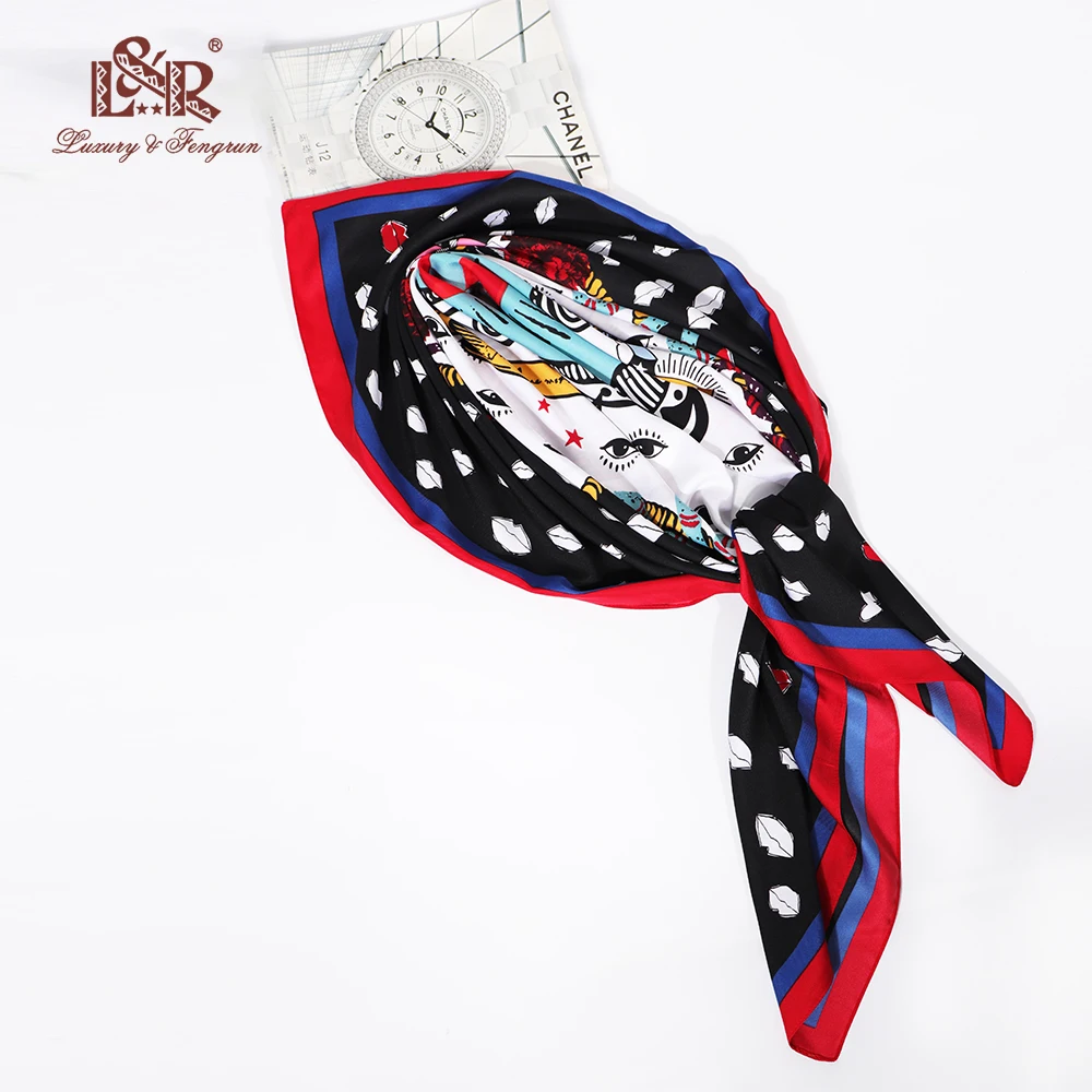 120CM Square Silk Scarf For Women Bandana Satin Silk Scarf Print Big Mouth Women Scarves Women Hijab Headscarf Foulard Femme