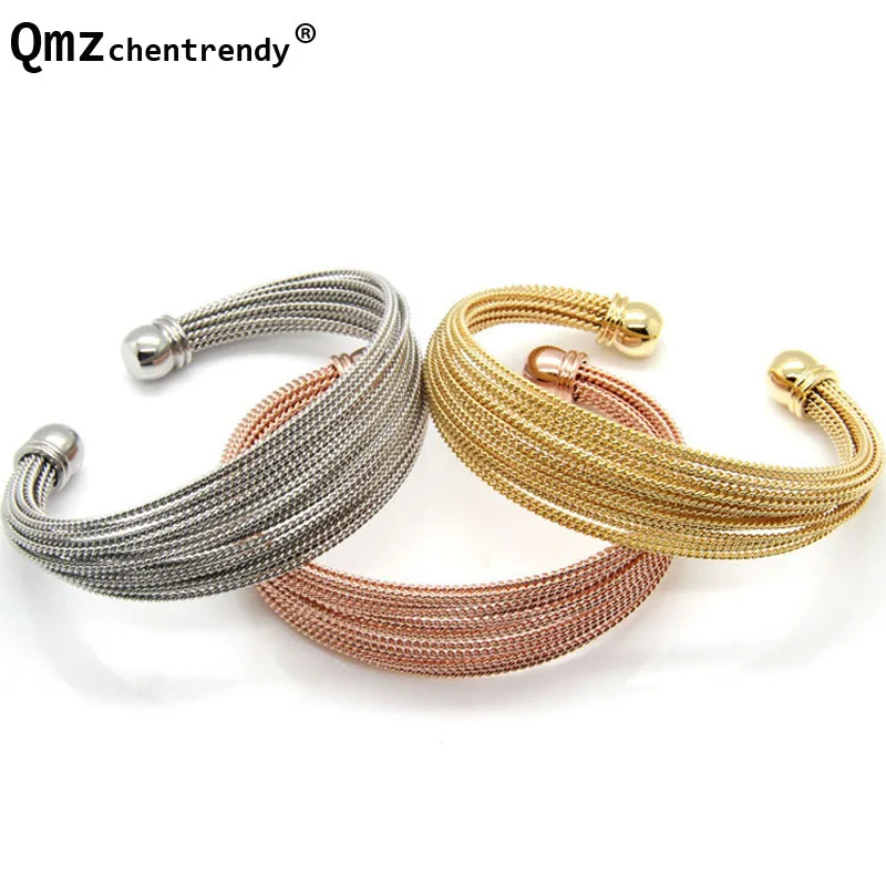 Fashion Women's Wire Jewelry Never Fade Stainless Steel Twisted Net Ladies Cuff Luxury Open Adjustable Bangles 3 Color