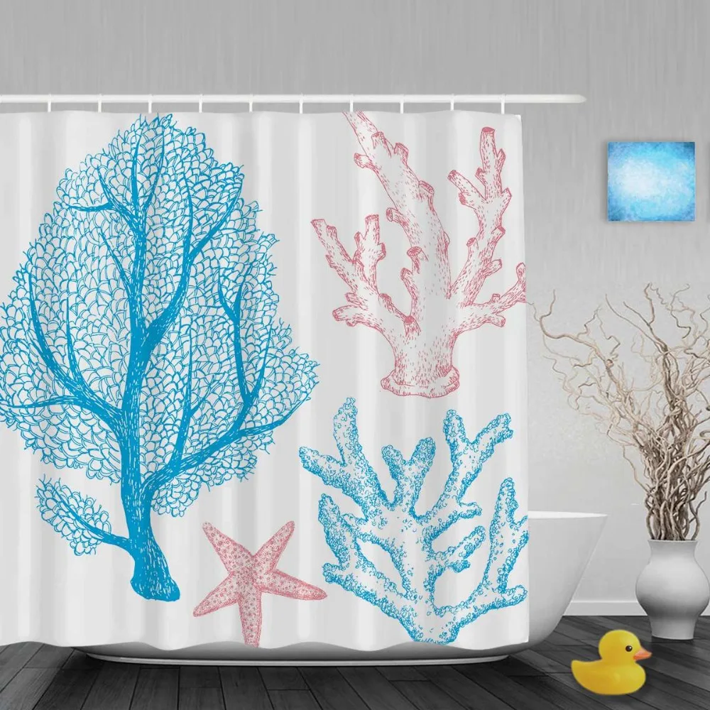 Marine Life Designed Bathroom Shower Curtain Coral And Starfish Decor Shower Curtains Waterproof Polyester Fabric With Hooks