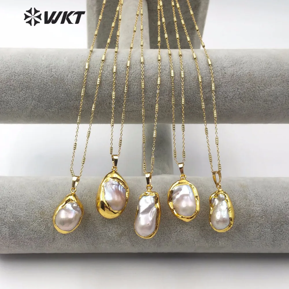 

WT-JN063 Natural Freshwater Pearl Necklace Teardrop Shape Dip Gold Pearl Random Size with 18inch Chain High Quality Lady Jewelry