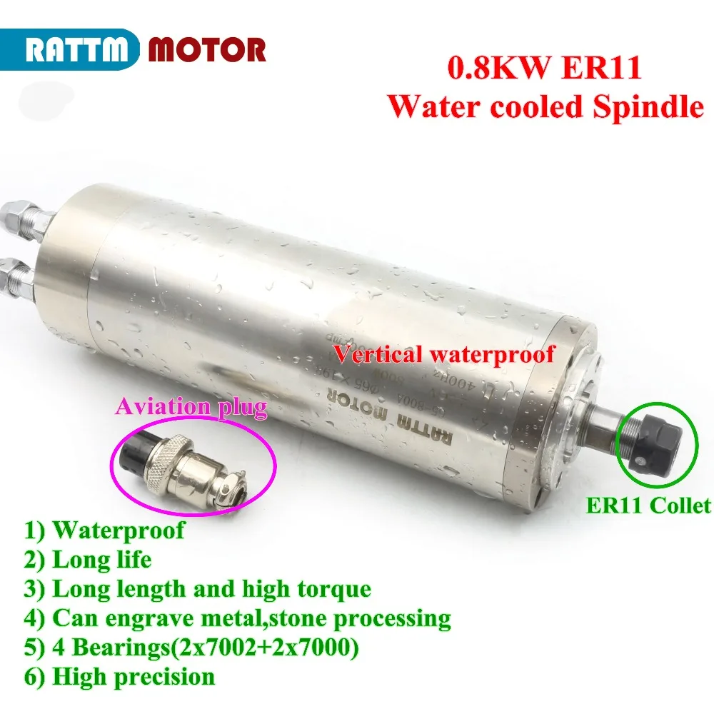 0.8KW 800W ER11 65mm CNC Water cooled Cooling spindle Waterproof for Metal Aluminum, Stone, metal, glass, PVC