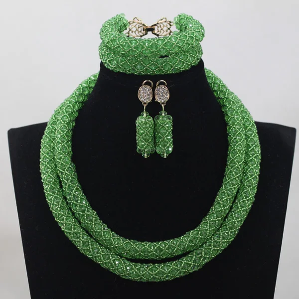 Lemon Green African Beads Jewelry Set 2 Layers Nigerian Wedding Crystal Costume Rope Necklace Set Free ShippingABH156