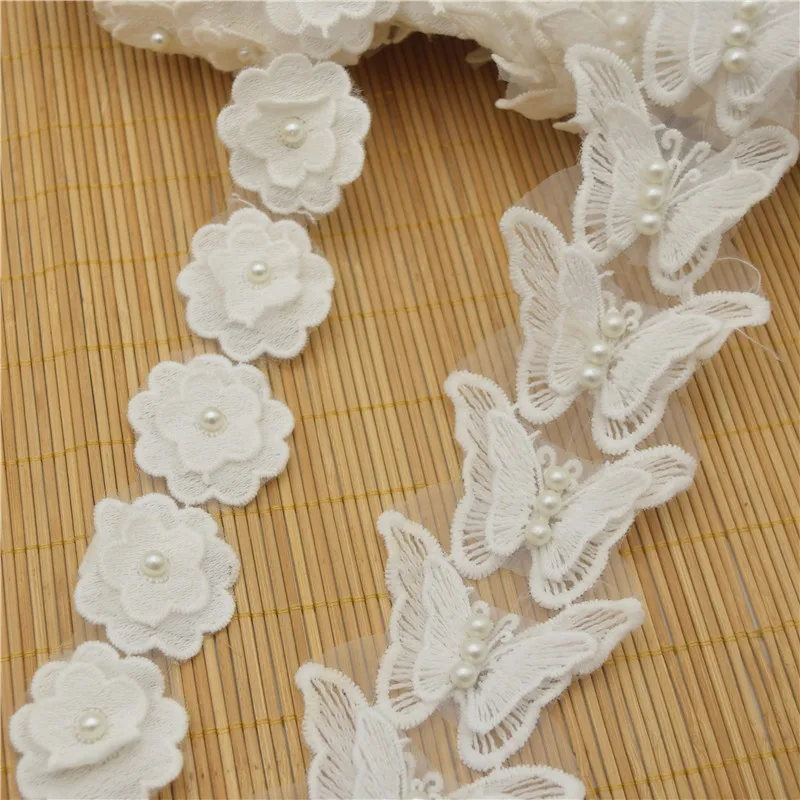 

14.5yard White Lace Trim Beaded Pearl flower and butterfly Applique Dress Belt Sewing Crafts Decor DIY