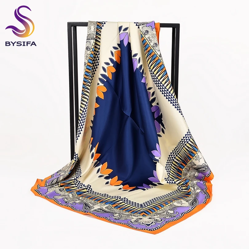 [BYSIFA] Women Square Satin Silk Scarf Brand Large Scarves Thicken Muslim Head Scarf Cape Lake Blue,Rose Red,Coffee,Beige,Yellow