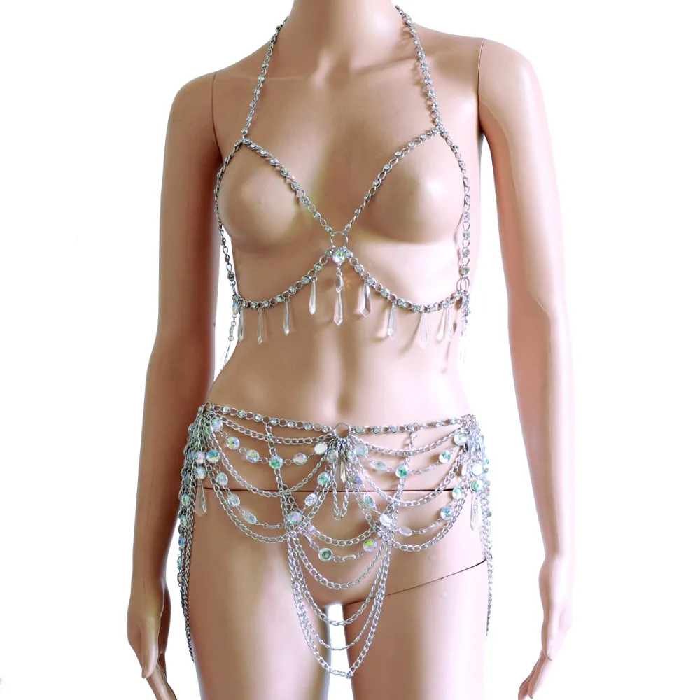 Crystal Beading Disco Exotic Tanks Crop Top Chain Sexy Mini Skirt Bodysuits Rave Bra Festival Fashion Wear Party Jewelry