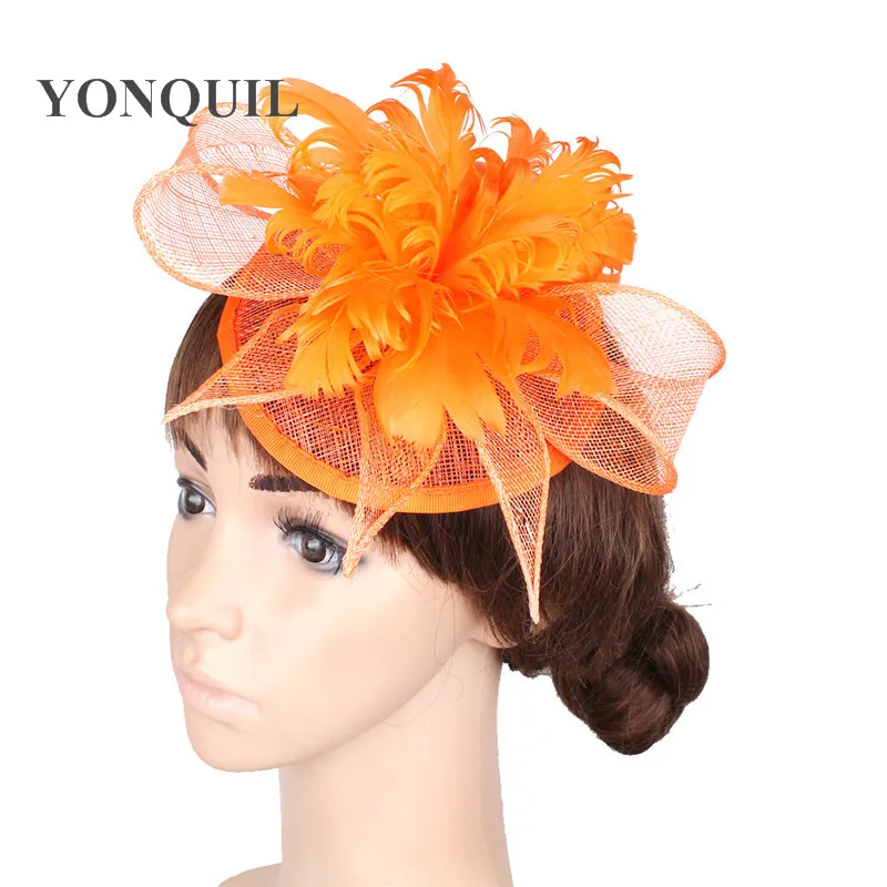 

Orange Sinamay Hats Feather Flower Fascinators For Women Formal Party Hats Bridal Hair Accessories Women Cocktail Hats XMF392