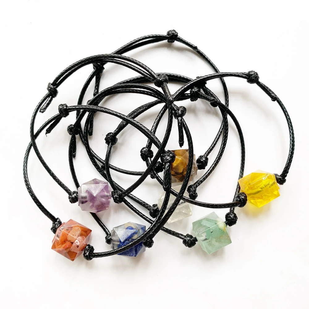 7 Chakra Natural Stone Bracelet Yoga Healing Stone Chip Beads Polyhedral Black Wax Rope Bracelet Adjustable Rope Set 1 piece